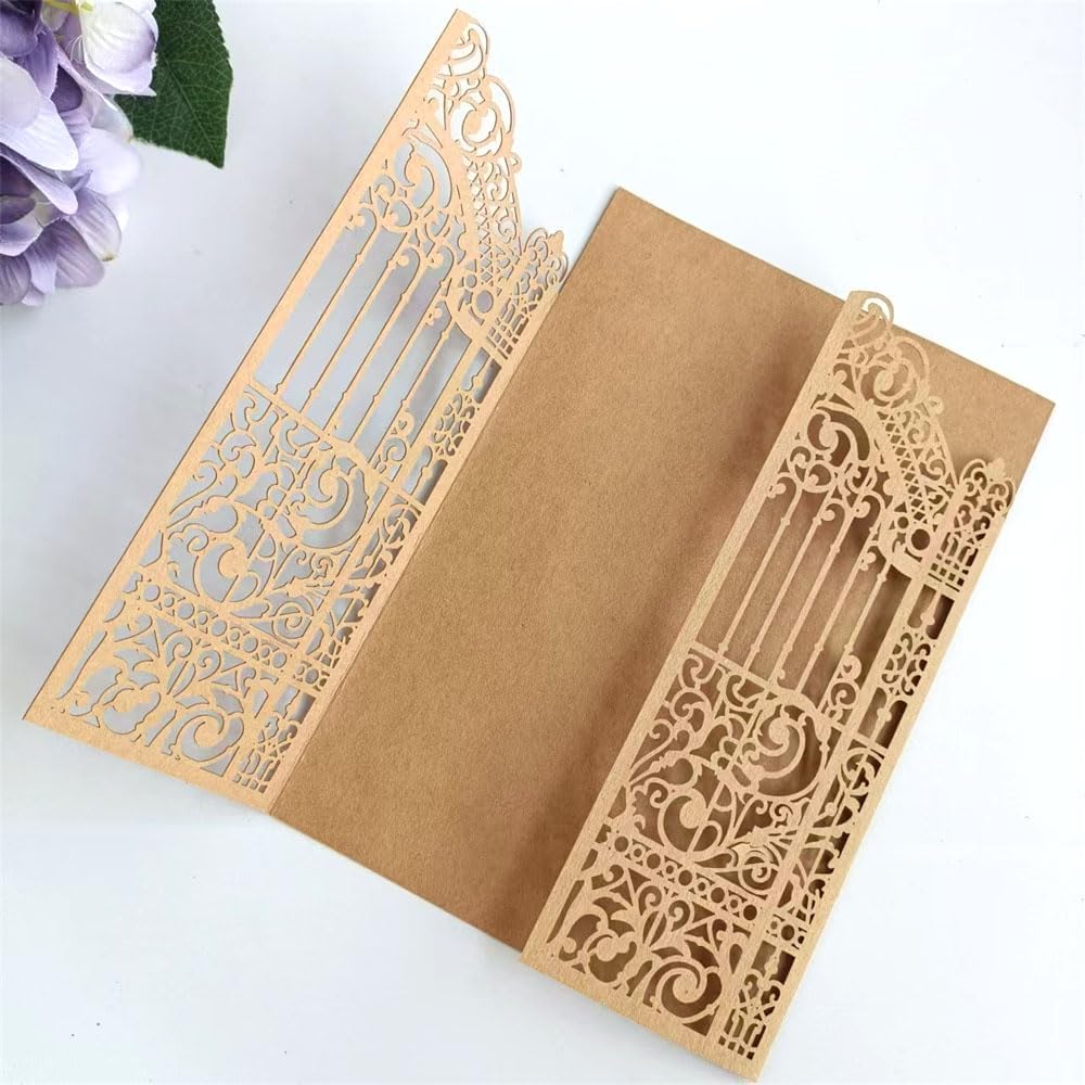 MillaSaw Craft Paper Fence Laser Cut Invitation Card For Wedding Birthday Anniversary 25pcs (4.9"x7.1", brown)