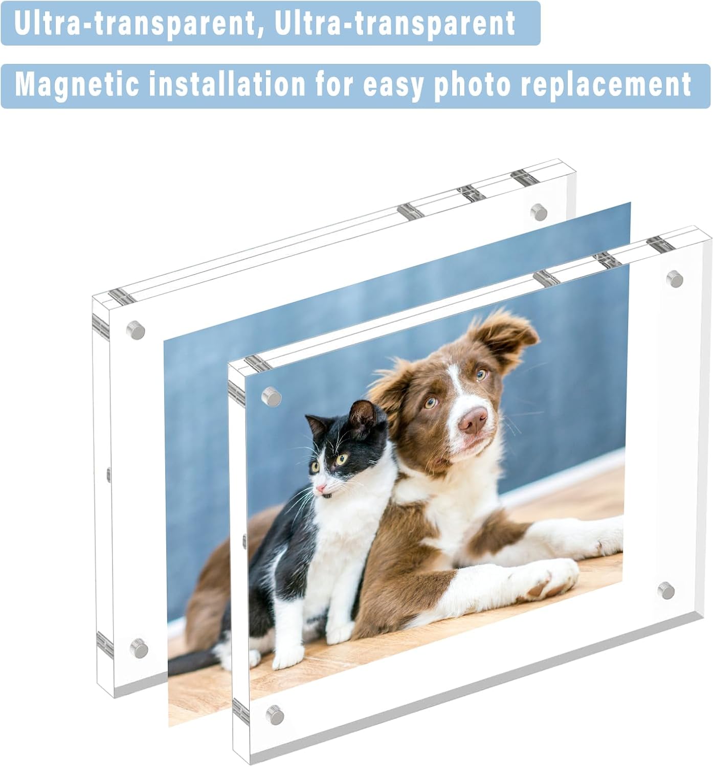HELPLEX 5 Pack 6x6 Acrylic Picture Frames, 24mm Thicker Square Frameless Clear Frame Double Sided Magnetic Frame, Free Standing Desktop Display Stand