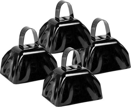 Metal Cow Bell Noise Maker - 3 Inch Pack of 4 - Small Loud Metal Cowbell Noisemaker with Handle - Great for Football Games, Sporting Events, Weddings, New Year's Eve, Birthday Parties