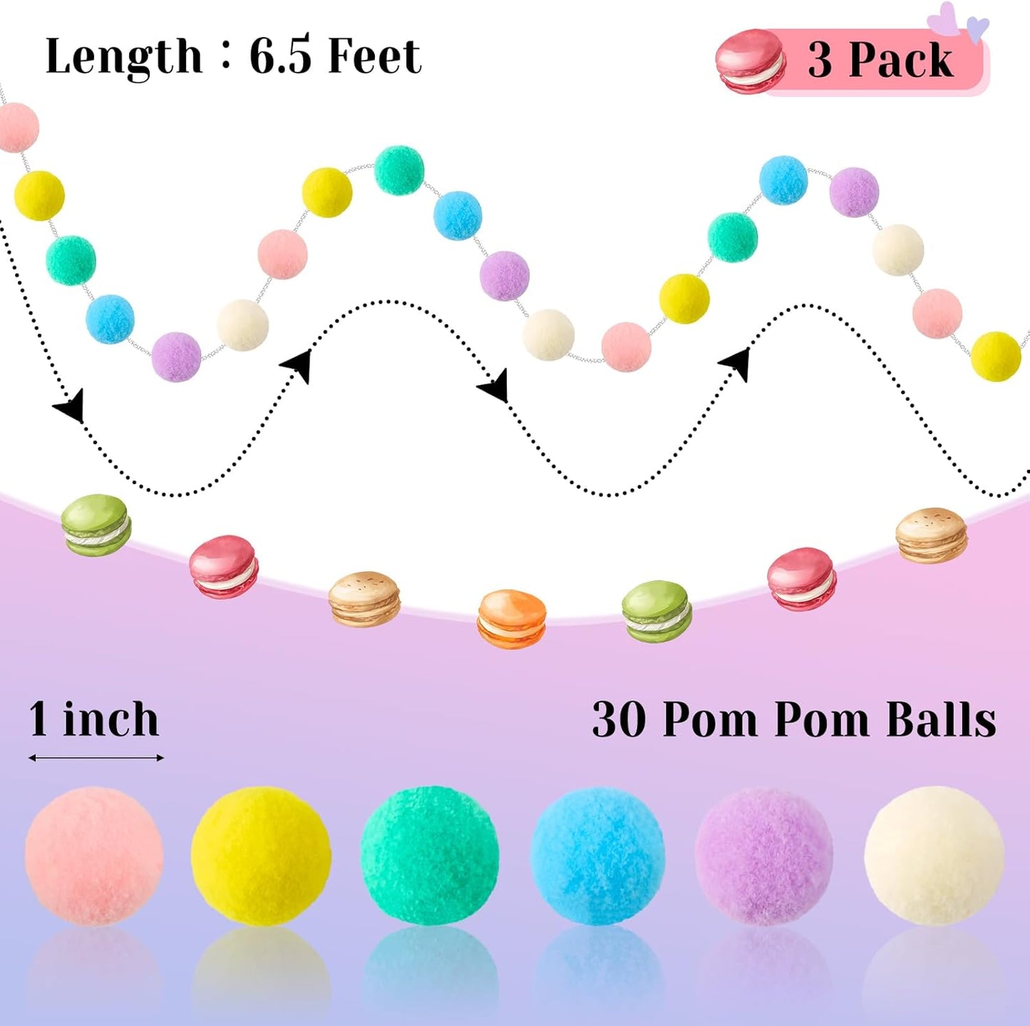3 Pack Pom Pom Garland Colorful Felt Ball Garland Decorations, 6.5 Feet Long with 30 Balls Banner Hanging Supplies for Birthday, Parties (Rainbow Colors)