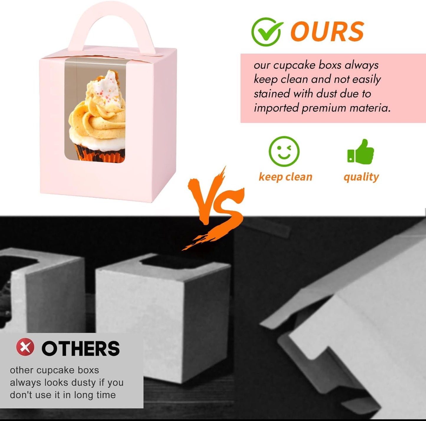 JCD Cupcake Boxes Carriers, 120pcs Pink Single Individual Cupcakes Box Holders Containers,3.7 * 3.7 * 4.3inch Cupcake Container Pastry with Insert Window & Handle for Parties (Pink/120Pcs)