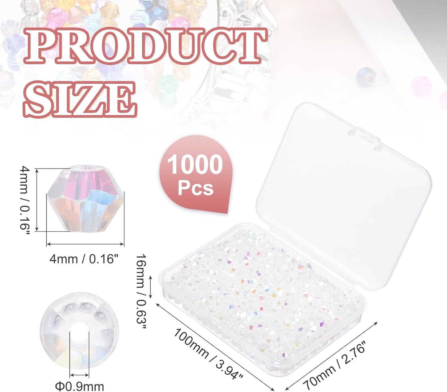 PATIKIL 1000pcs 4mm Bicone Glass Crystal Beads, Faceted Glass Spacer Beads with Box for Jewelry Making Bracelet Necklace Earrings DIY Suncatcher Craft, White AB