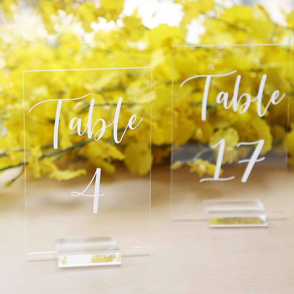 UNIQOOO Acrylic Wedding Table Number 1-20 with Stand | 4x6 inch Printed Calligraphy, Sign and Holder | Perfect for Wedding, Reception, Centerpiece Decoration, Event, Party