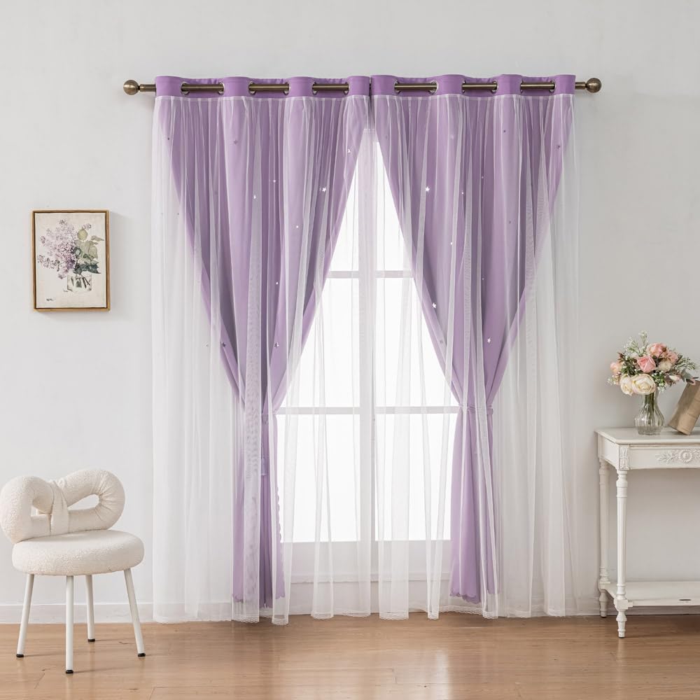 Ombre Rainbow Blackout Curtains for Kid Girls Bedroom Living Room Darking Stripe Double Layer Star Cut Out Wall Home Decor Gradient Grommet Window Curtains (Purple 72L)