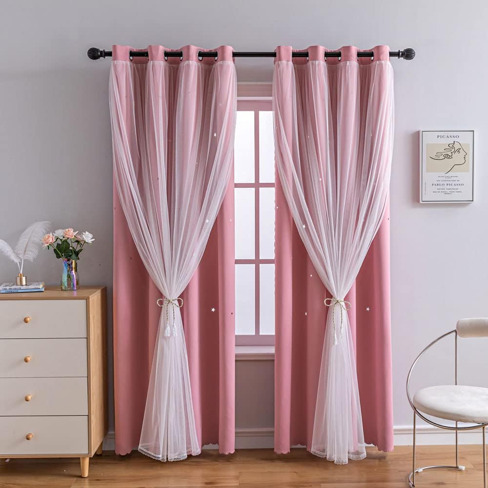 FANLI 2 Panels Star Blackout Curtains for Kid Girls Bedroom Living Room Darking Stripe Double Layer Star Cut Out Wall Home Decor Gradient Grommet Window Curtains (Pink 72L)