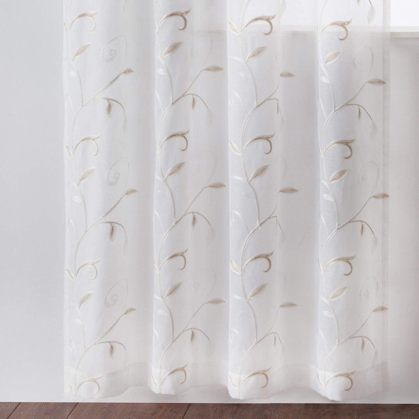 VISIONTEX White Sheer Voile Curtains, Decorative Beige Leaves Embroidery Faux Linen Rod Pocket Window Drapes for Home Kitchen, Living Room and Bedroom 54 x 63 Inch, Set of 2 Curtain Panels