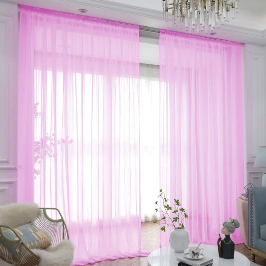 Window Pink Sheer Curtains 90 Inches Long 2 Panels Sheer Curtain Basic Rod Pocket Panel for Bedroom Children Living Room Yard Kitchen (Pink, 52" W x 90" L | 2 pcs)