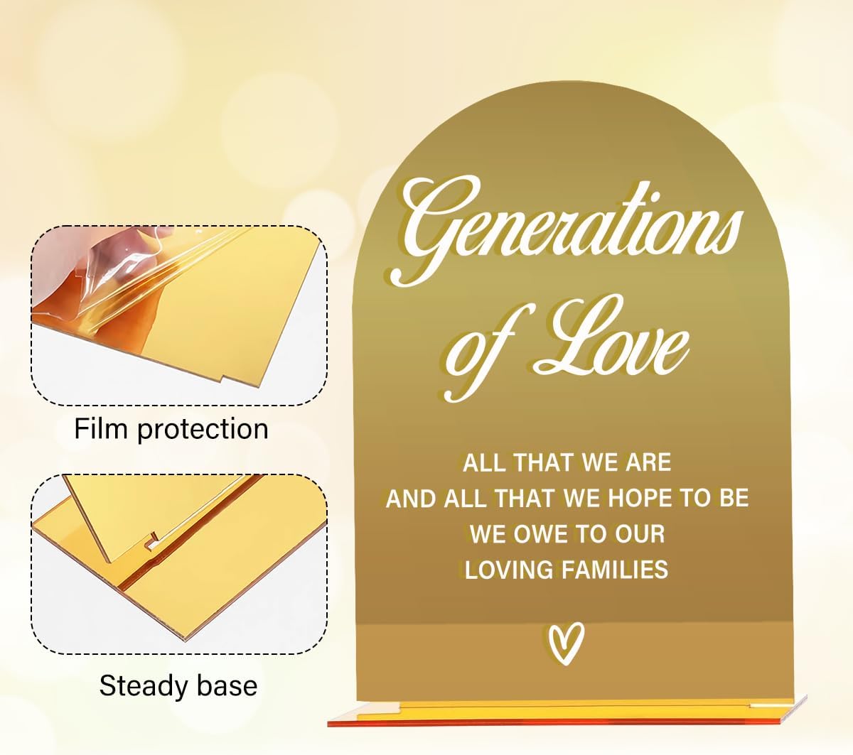 Acrylic Wedding Sign, Bridal Shower Decorations, Generations of Love Sign for Ceremony, Modern Font Table Signs, Gold Mirror Arched Acrylic Tabletop Signs for Wedding Reception and Event Party