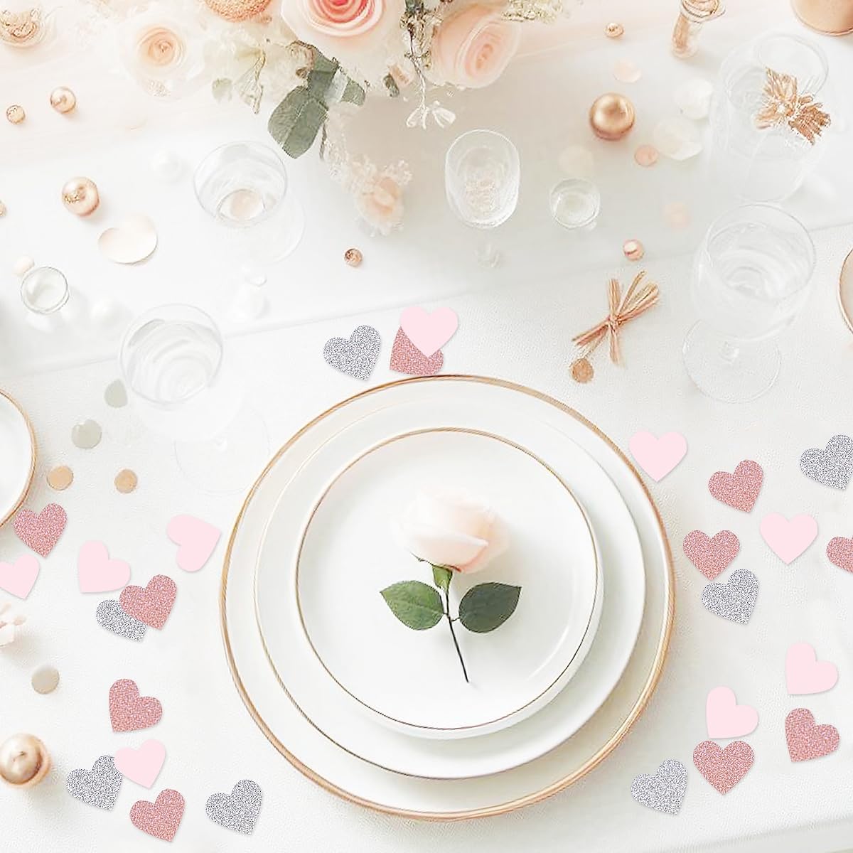 Rose Gold Pink Silver Party Decorations - 300pcs Paper Heart Confetti for Engagement Mothers Day Wedding Anniversary Romantic Bridal Shower Women Birthday Valentines Day Table Decor HongTongTong