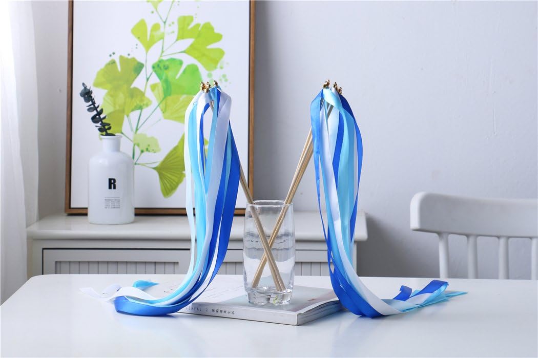 30 Pack Ribbon Wedding Wands Sticks Wedding Party Favors Streamers with Gold Bells Fairy Wand for Party Activities Baby Shower Holiday Celebration (Royal Blue)