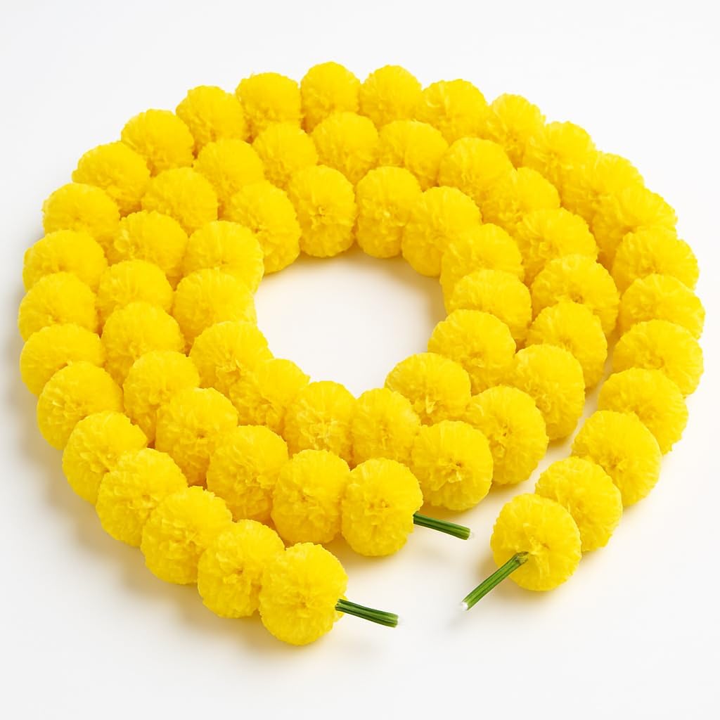 Artificial Marigold Flowers Garland for Diwali Decoration, American Wedding Party, Mantle Decoration, Faux Garlands, Wedding Garland, Spring Bush Floral - 5 String - (Yellow | 4 to 4.5 ft) Hashcart®