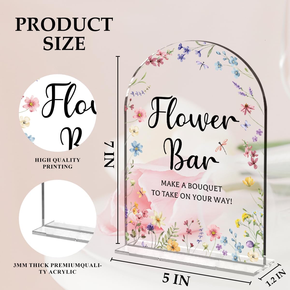 Wedding Sign Decor, Flower Bar Sign, 5x7 Inch Arch Acrylic, Wedding Sign for Reception & Event Party, Bridal Shower Decorations, Wedding Table Sign Accessories for Anniversary And Event (Flower)
