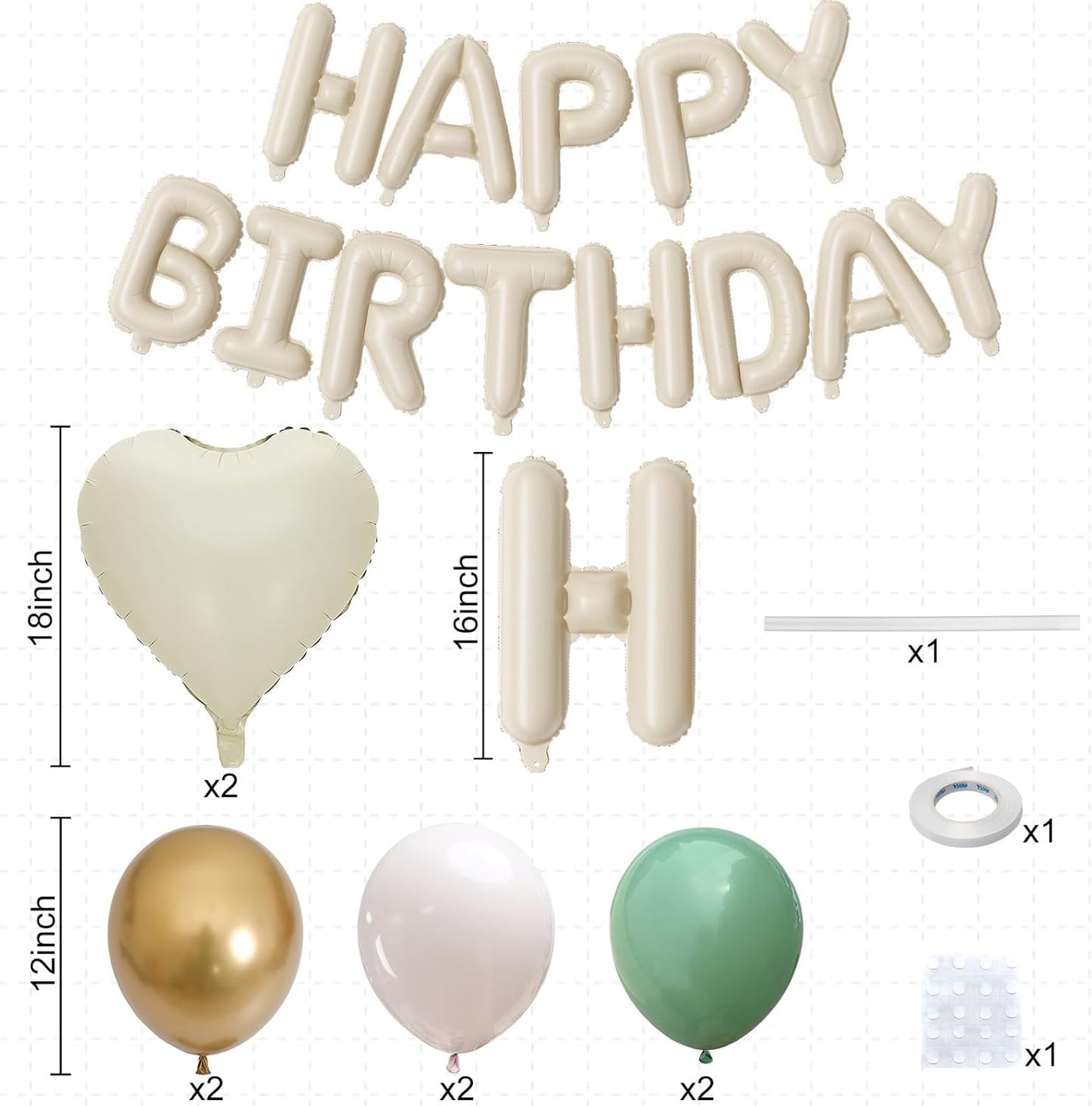 Happy Birthday Balloon Banner Cream Green, 16 Inch Beige Mylar Letters Heart Foil Balloons Sage Olive Green Ivory Metallic Gold Balloons Boho Neutral Birthday Decorations for Girls Women Boy Men