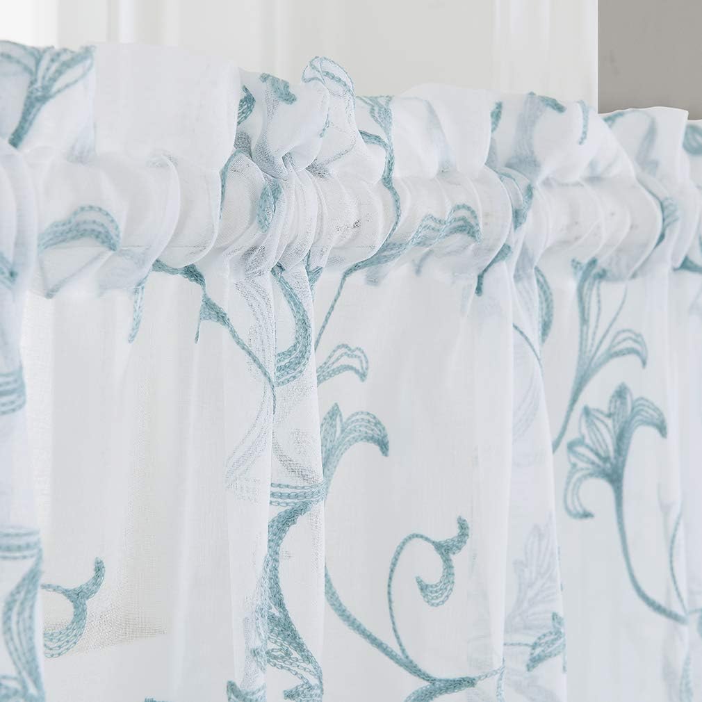 Embroidery Blue Sheer Curtains 84 Inches Long, Rod Pocket Sheer Drapes for Living room, Bedroom, 2 Panels, 52"x84", Vintage Semi Crinkle Voile Window Treatments for Yard, Patio, Villa, Parlor.