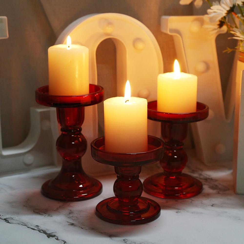 3-Piece Set of Red Glass Candlestick, Crystal Candlestick Holder Holder and Conical Candle, Christmas Candle Holder Decoration, Family Living Room Wedding Candle Holder (red1set)