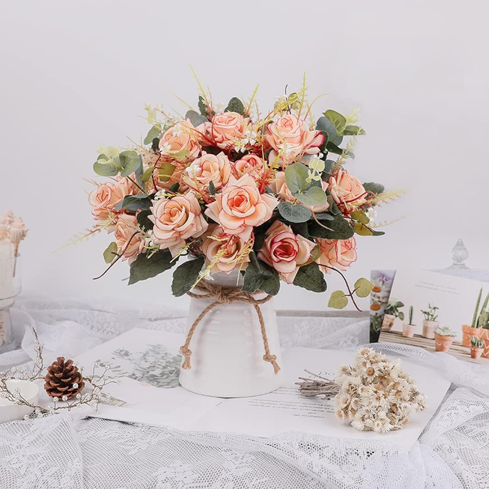 LESING Artificial Rose with Vase,Fake Silk Flowers Bouquets in Vase Table Centerpiece Arrangement for Kitchen Living Room (Pink-1)