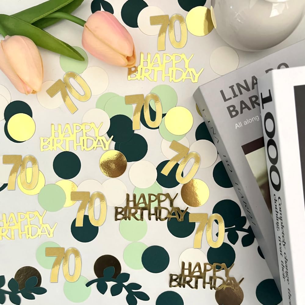 Sage Green 70th Happy Birthday Confetti, 70th Birthday Table Decorations Scatter Green Gold Foil Cake Confetti Decorations for 70 Bday Women Men Party Decor 230 Pcs