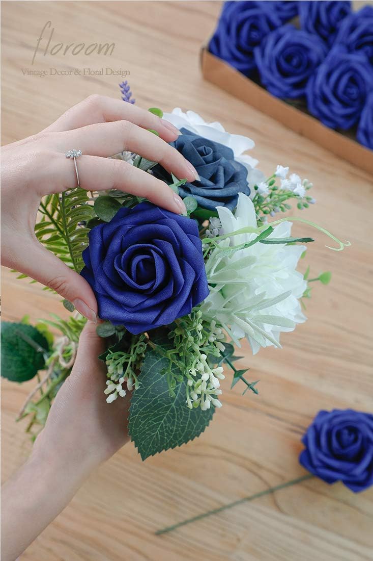 Floroom Artificial Flowers 50pcs Real Looking Royal Blue Foam Fake Roses with Stems for DIY Wedding Bouquets Bridal Shower Centerpieces Floral Arrangements Party Tables Home Decorations