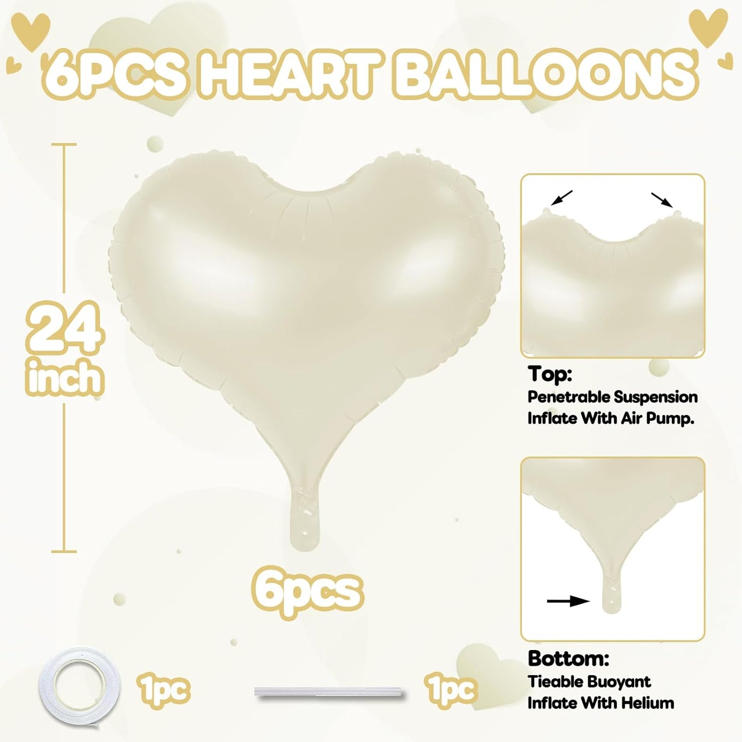 24 Inch Cream White Heart Balloons, Cream Heart Shaped Foil Balloons, Nude Helium Balloon for Boho Neutral Valentines Day Bridal Shower Anniversary Wedding Birthday Party Decorations