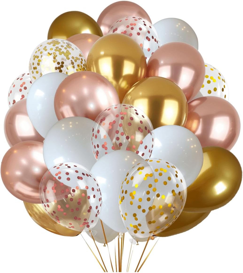 300 Pcs Rose Gold Confetti Balloons Set Lncludes 12 inch Gold White Rose Gold and Confetti Balloons, for Wedding, Graduation, Birthday Party Various Event Decorations