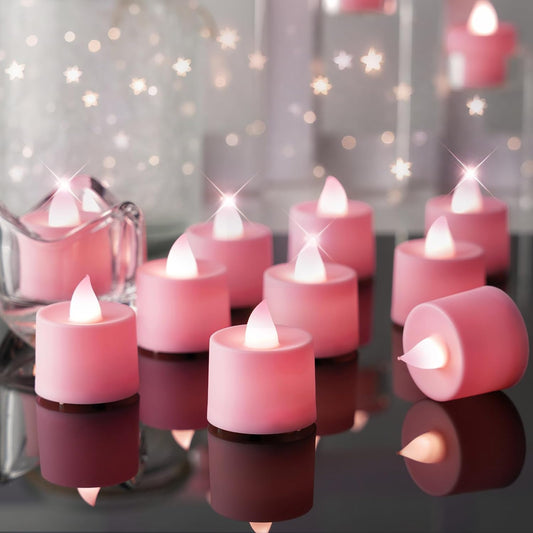 Amagic 24 Pack Pink LED Tea Lights, Flameless Votive Candles, Electric Fake Colored Candles, Battery Operated Tealights Candles for Party, Christmas, Aniversary, Wedding Table Centerpiece, Proposal