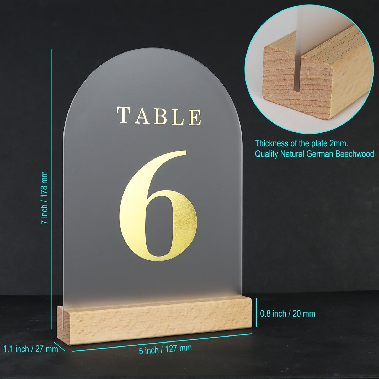 Wedding Table Numbers 1-20, Acrylic Arch Signs with Natural Wood Stands Holders, Rustic Table Decor for Reception & Parties (Frosted Gold)