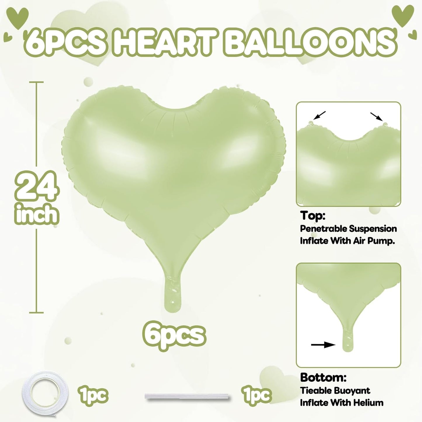24 Inch Green Heart Balloons, Pastel Heart Shaped Foil Balloons, Light Green Helium Balloon for Valentines Day Bridal Shower Anniversary Wedding Birthday Party Decorations