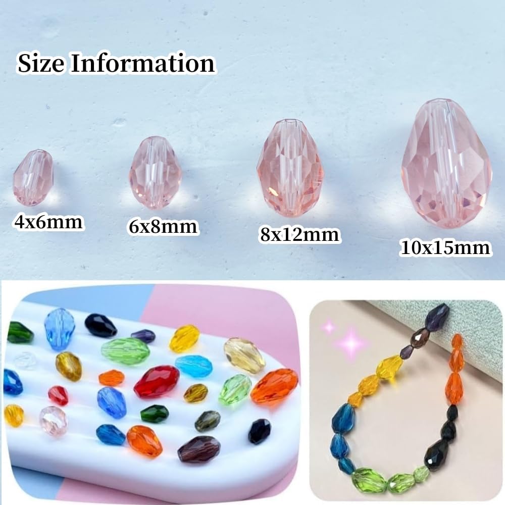 50pcs 10x15mm Teardrop Crystal Glass Beads Vertical Hole Faceted Glass Teardrop Spacer Beads for Bracelets Necklace Earring DIY Jewelry Making Craft(Pink)