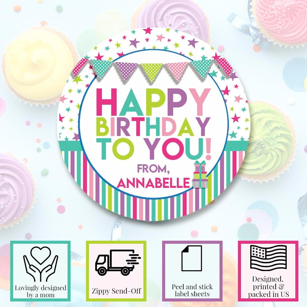 Custom & Personalized Happy Birthday to You Gift Tag Sticker Labels in Pastel Colors for Girls, 40 2" Party Circle Stickers by AmandaCreation, Also Great for Envelope Seals & Gift Bags