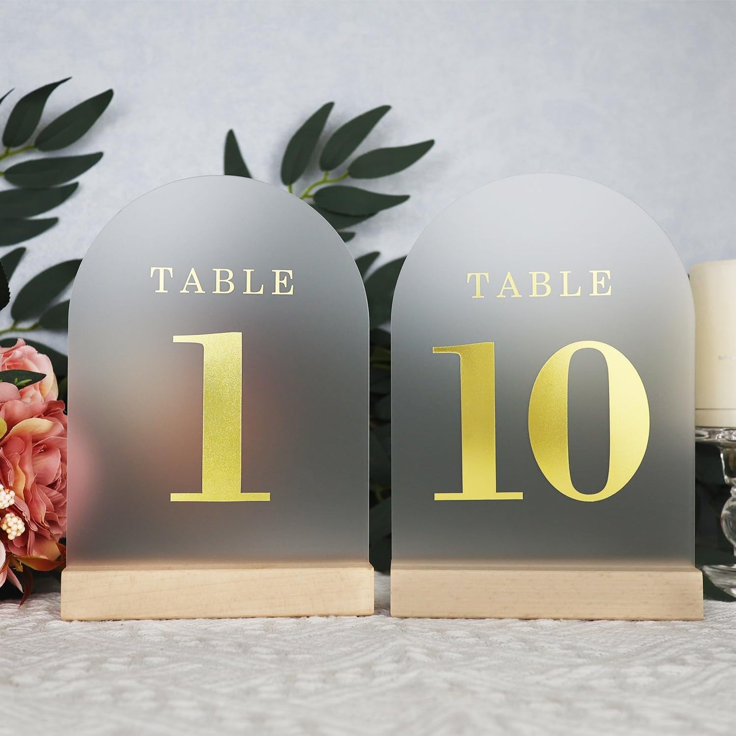 Wedding Table Numbers 1-10, Acrylic Arch Signs with Natural Wood Stands Holders, Rustic Table Decor for Reception & Parties (Frosted Gold)