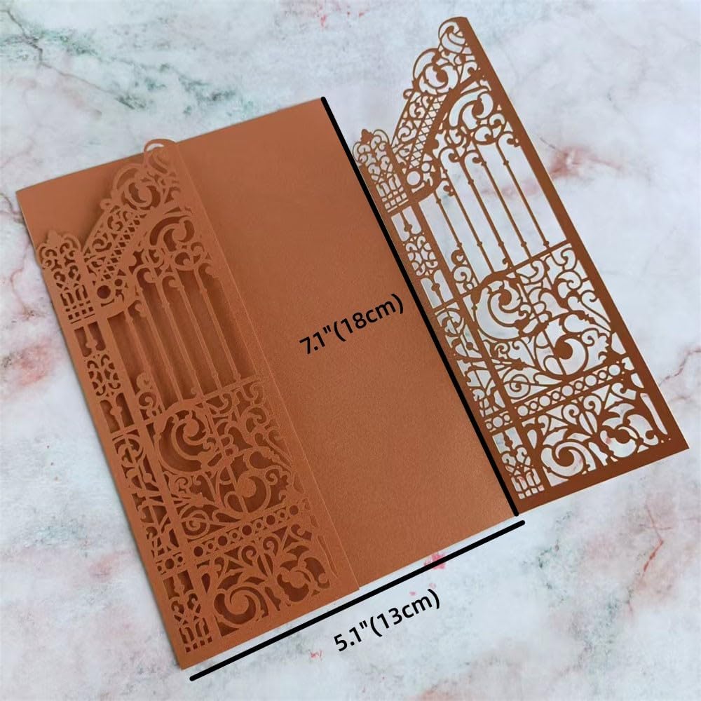 MillaSaw Bronze Fence Laser Cut Invitation Cards Pocket With Envelope For Wedding Engagement Birthday Cocktail Party 25 Sets (bronzed, 5.1"x7.1")