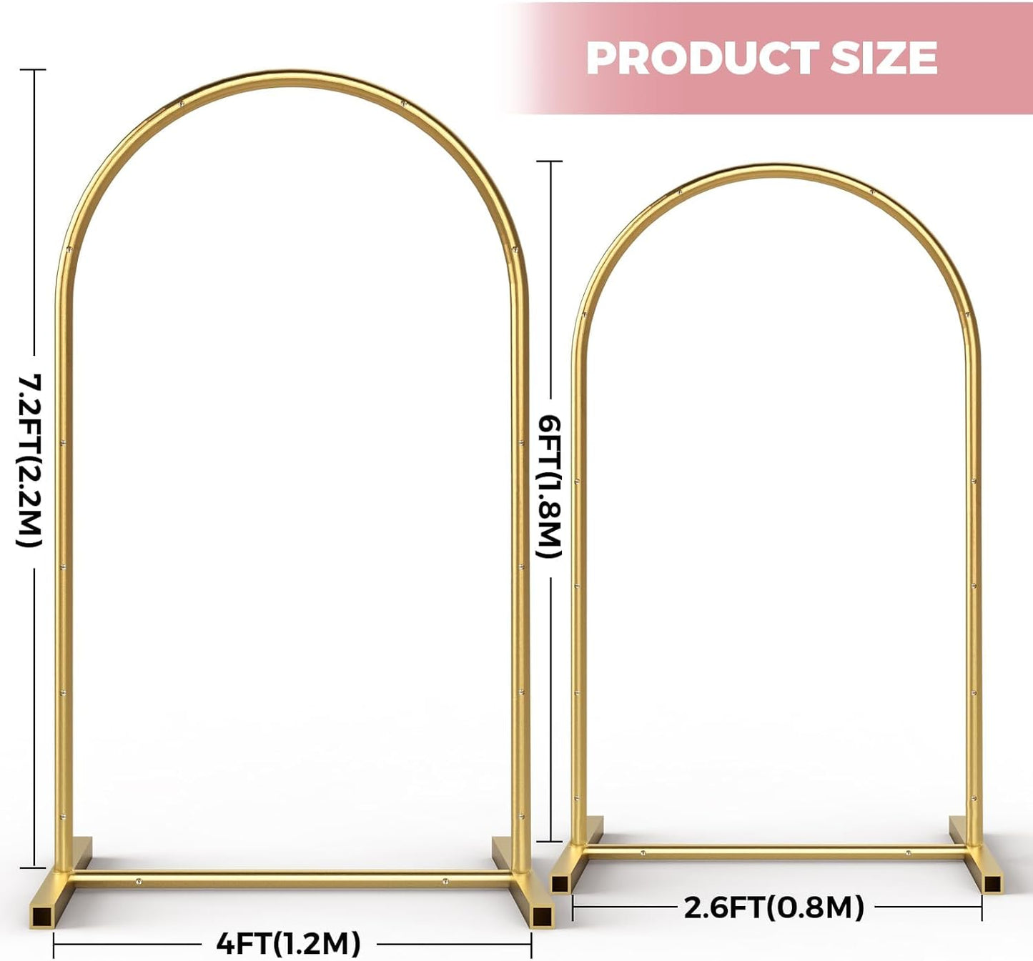 Gold Metal Arch Backdrop Stand Set of 2 with Balloons All Accessories Metal Arched Backdrop Frame for Chrismas Ceremony Parties Bithday Decoration (7.2FT, 6FT)