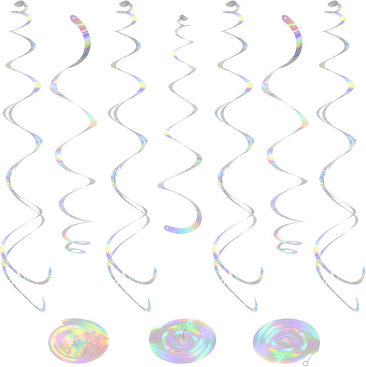 24 PCS Iridescent Hanging Swirl, Shinny Holographic Ceiling Decorations, Plastic Streamer Party Decorations with Double-Swirls and Single-Swirls for Birthday Decorations, Wedding, Baby Shower