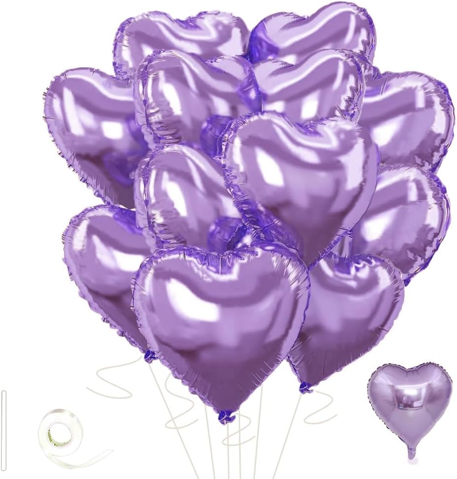 Light Purple Heart Balloons，18 Inch Light Purple Foil Mylar Love Heart Shaped Balloons for Anniversary Wedding Engagement Celebration Birthday Party Baby Shower Valentines Decorations(12Pcs)