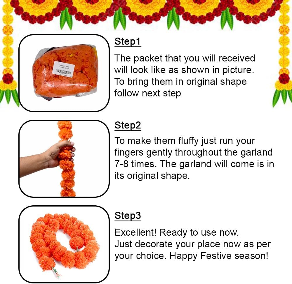 Artificial Marigold Flower Garland for Diwali Decoration, Weddings, Parties Events, Pooja Festival - Traditional Indian Decoration (Orange 5 PC | 4 to 4.5 ft) Hashcart®