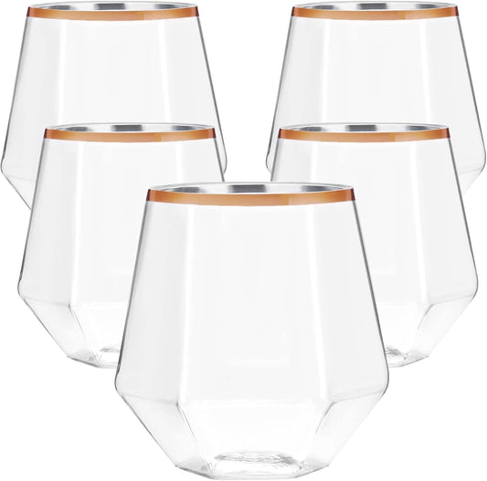 40 count Diamond Unbreakable Stemless Plastic Wine Champagne Whiskey Glasses Elegant Durable Disposable Indoor Outdoor Ideal for Home, Office, Bars, Wedding, 12 Ounce Cups Rose Gold Rim (Rose Gold)