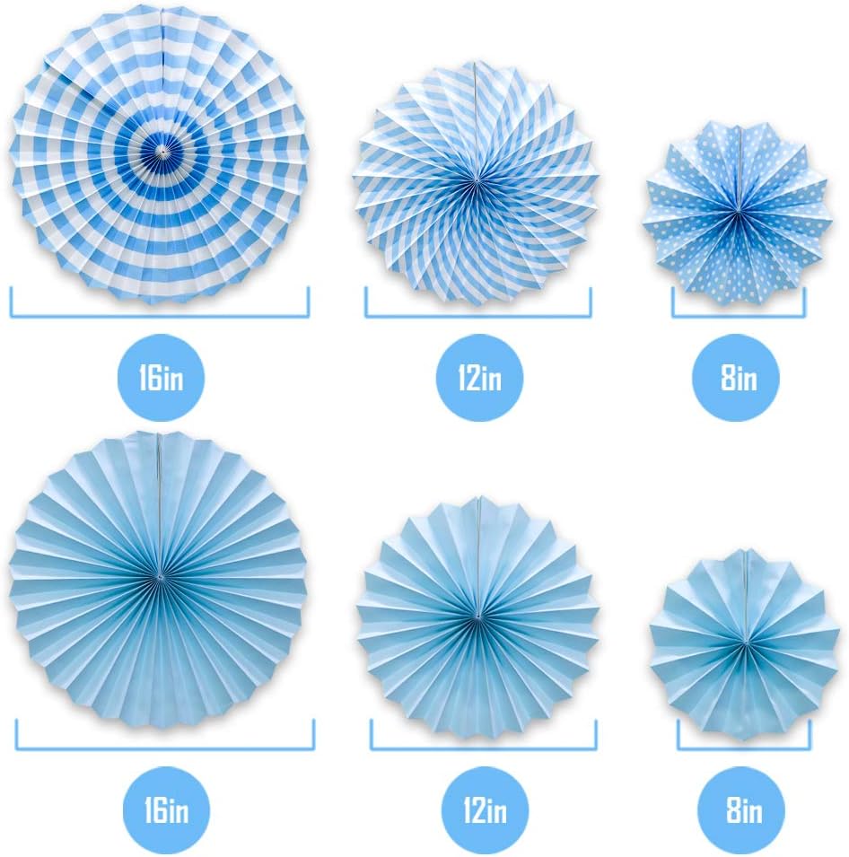 Hanging Paper Fans Party Set, Round Pattern Paper Garlands Decoration for Birthday Baby Boy Shower Graduation Bachelorette, Set of 6 (Blue)
