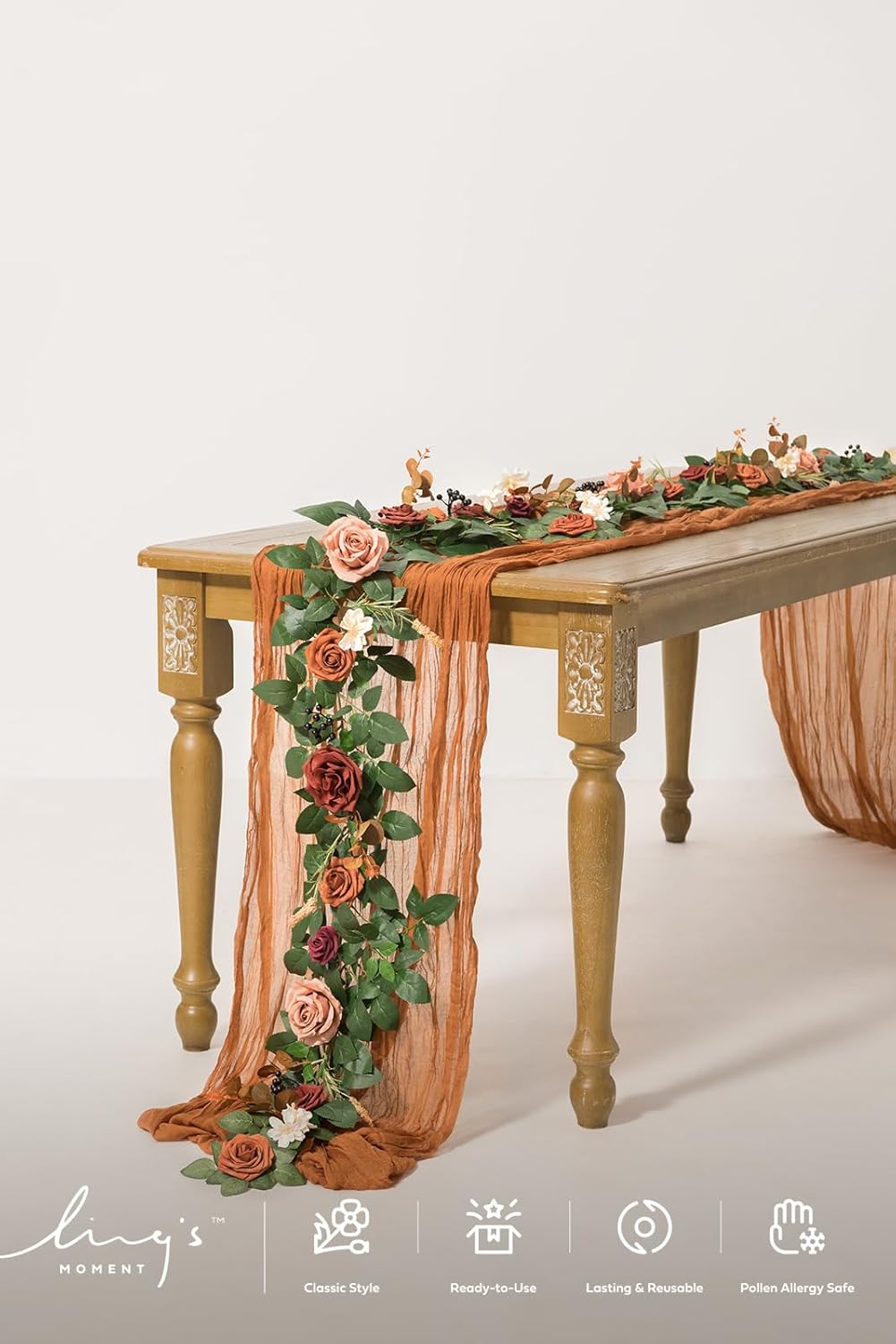 Ling's moment 5FT Terracotta Artificial Flower Garland Rose Eucalyptus Leaves Fall Floral Garland Burnt Orange Arch Flowers Vine for Wedding Party Backdrop Decor Mantel Table Centerpieces Decorations