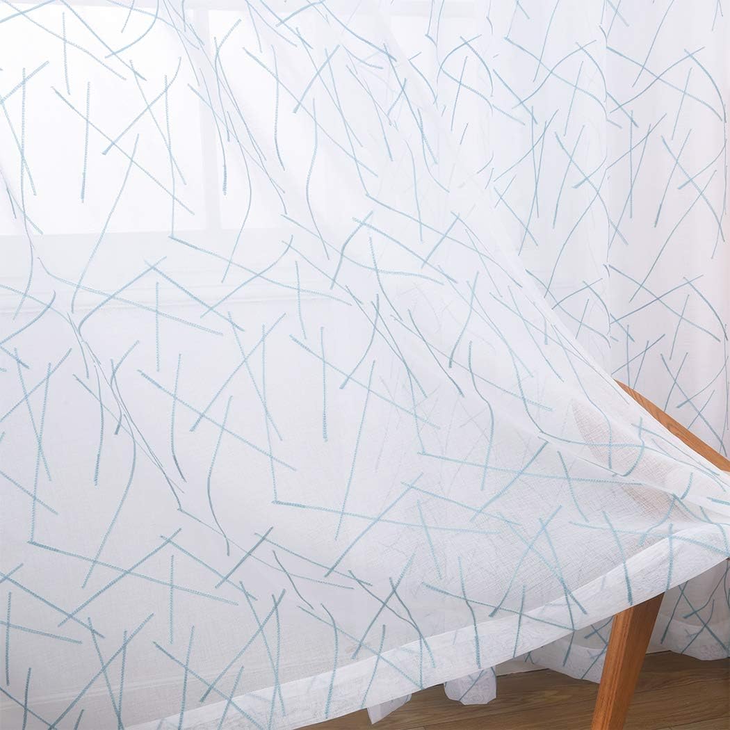 MYSTIC-HOME Sheer Blue Curtains 95 Inches Embroidered Branch Patterned Semi Window Treatments Rod Pocket Voile Curtain Panels for Living Room, Bedroom, Yard, Patio, Villa, Parlor, Set of 2, 52"x95".