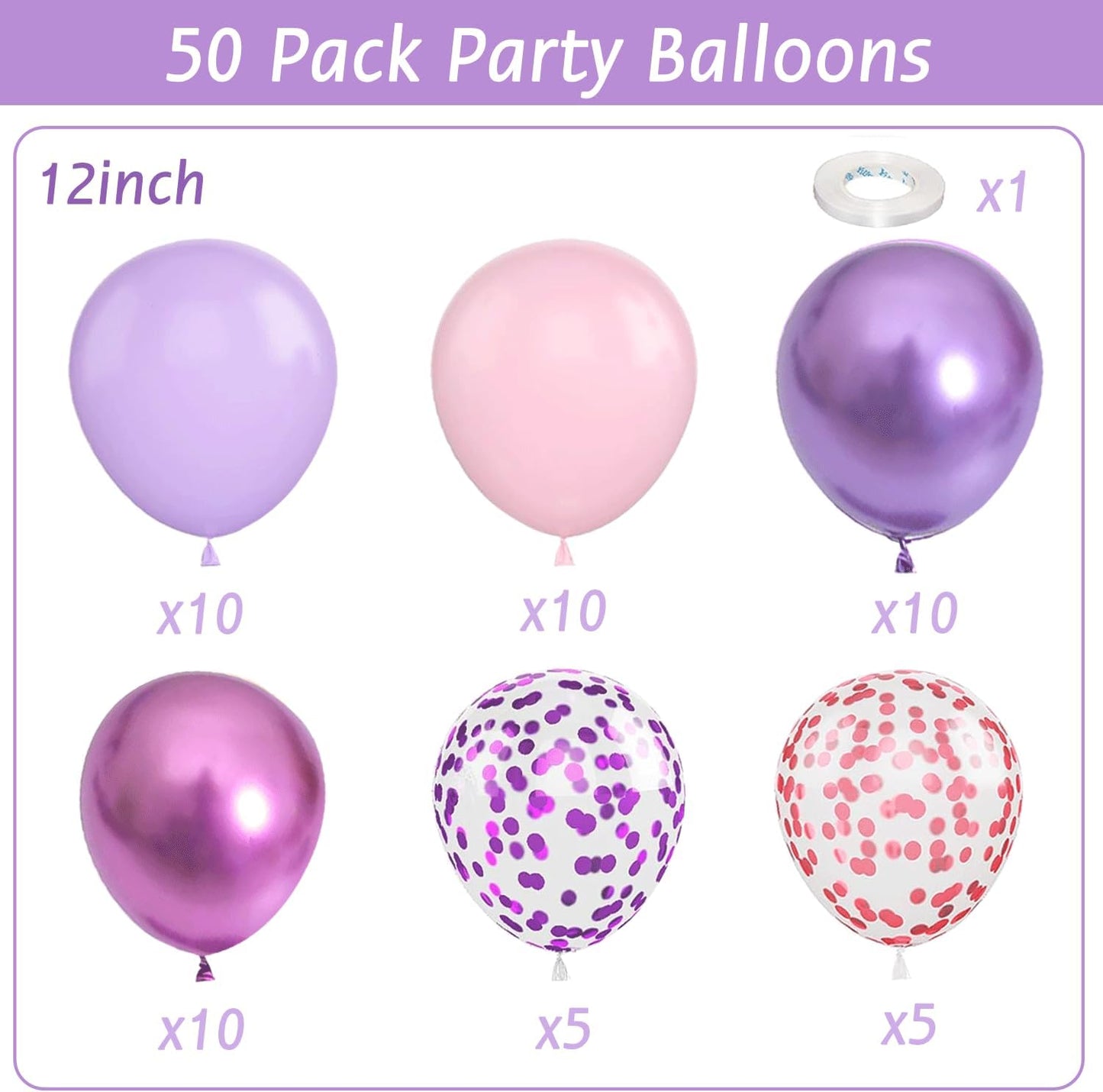 Pink and Purple Balloons,50Pcs 12 Inch Purple Pink Metallic Confetti Balloons with Ribbon for Girls Women Birthday Brida Shower Wedding Party Decorations