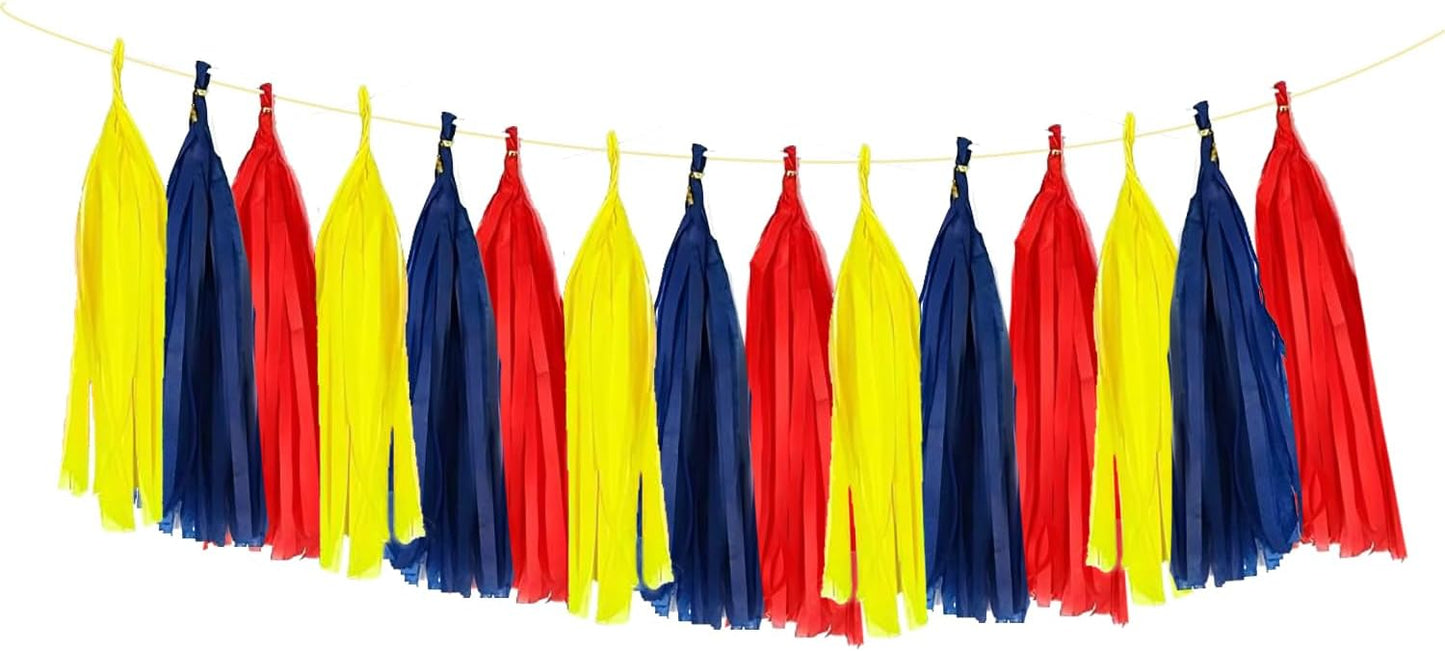 ZOOYOO Tassel Garland Tissue Paper Tassel Banner Table Decor,DIY Kits for Birthday Party Decorations,Pack of 15(Red Blue Yellow)