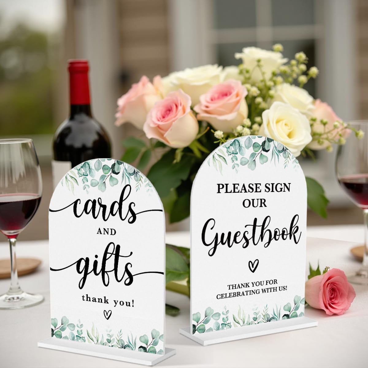 2 Pcs Acrylic Wedding Signs for Reception, Bridal Shower Decorations, Cards and Gifts Signs, Guest Book Sign, Arch Acrylic Table Top Sign with Holder for Wedding Reception (White Eucalyptus Leaves)