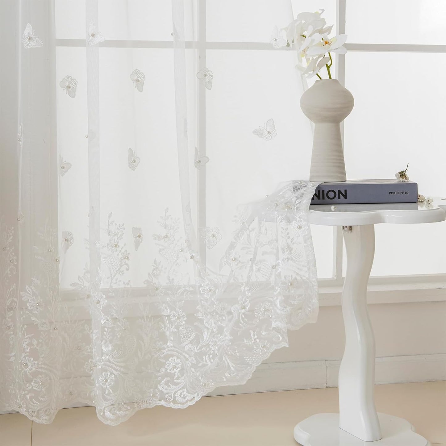 VISIONTEX White Sheer Voile Curtains, Decorative White Embossed Butterflies Rod Pocket Window Drapes for Home Kitchen, Living Room and Bedroom 54 x 95 Inch, Set of 2 Curtain Panels