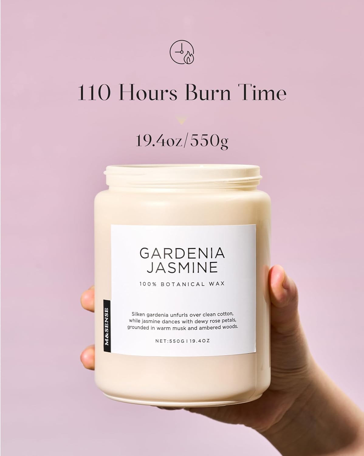 M&SENSE Gardenia Jasmine Scented Candle, 110 Hours Slow Burning Clean Non Toxic 19.4oz 2 Wicks Highly Scented Aromatherapy Candle for Housewarming Gifts, Long Lasting Fragrance for Bath & Office