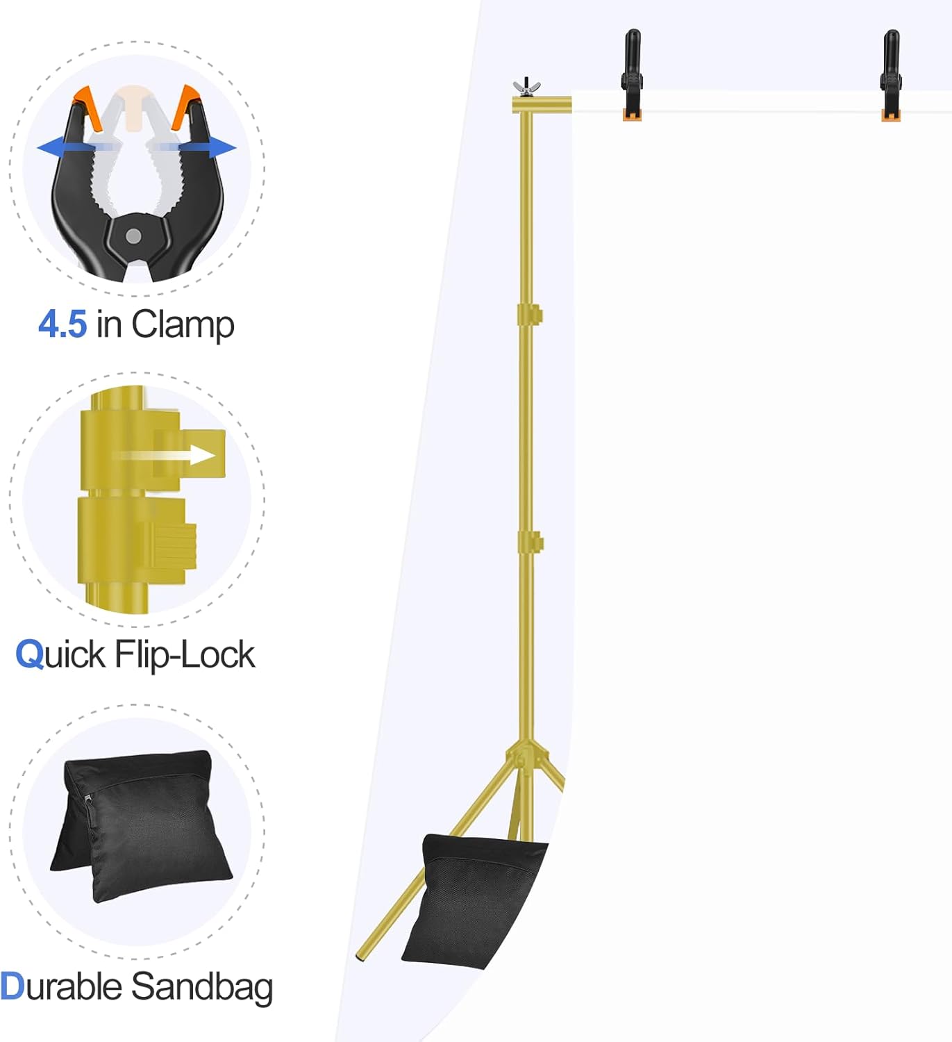 EMART Backdrop Stand 10x7ft(WxH) Photo Studio Adjustable Background Stand Support kit with 2 Crossbars, 8 Clamps, 2 Sandbags and Carry Bag for Parties, Events Decoration, Wedding -Titanium Gold