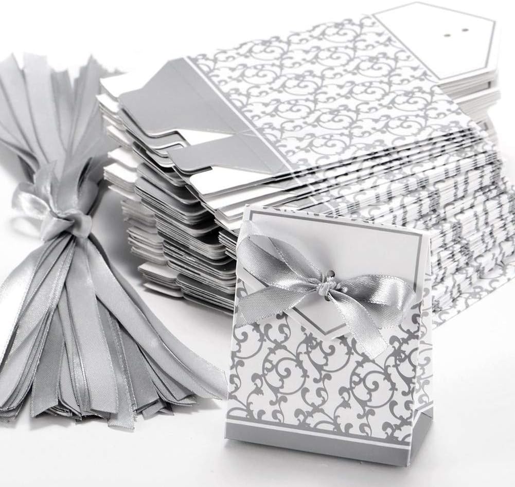 KUPOO 50PCS Candy Boxes,Silver Ribbon Wedding Favor Boxes Candy Bag Cake Box for Wedding Party Decoration Easter (silver)