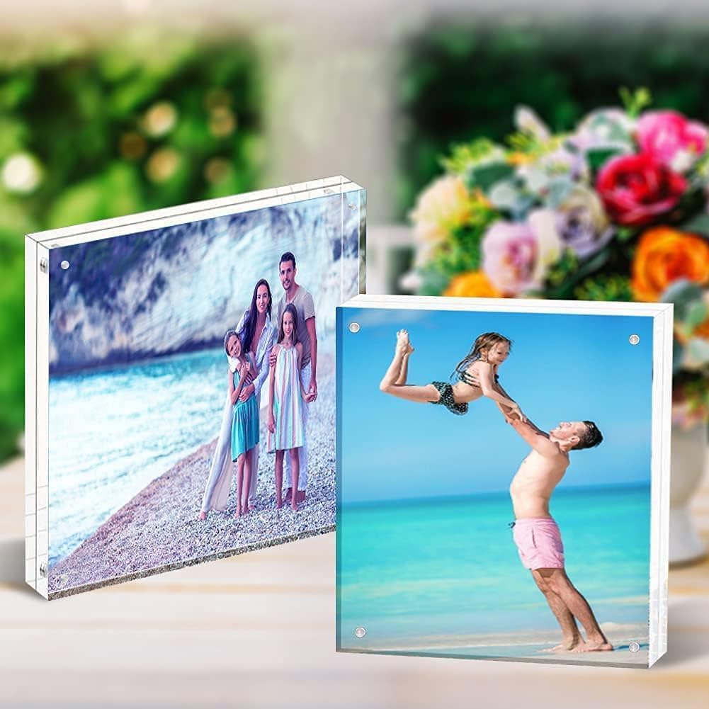 HELPLEX Acrylic Frame, 5 Pack 4x4 Inch Picture Frames, 20mm Thicker Frameless Clear Double Sided Magnetic Free Standing Desktop Display Stand