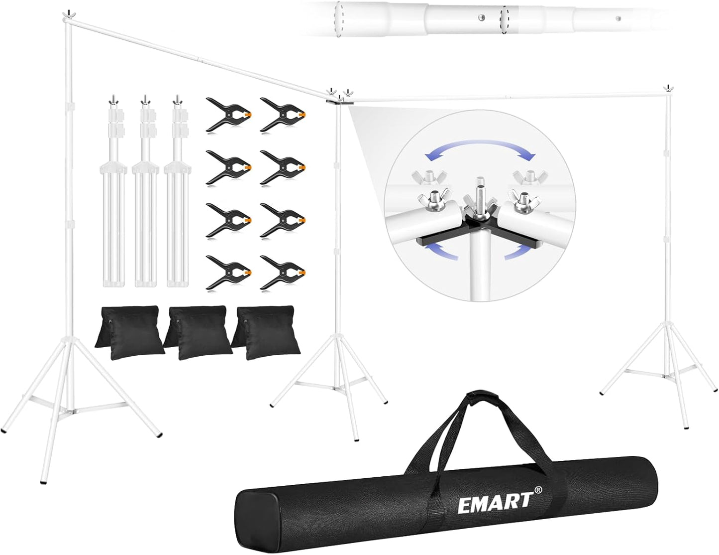 EMART Backdrop Stand, 20x7ft(WxH) Large Adjustable Background Support System with 308° Angle Rotatable Connector, 8 Clamps, 3 Sandbags and Carry Bag for Paties, Wedding, Photography Studio -White