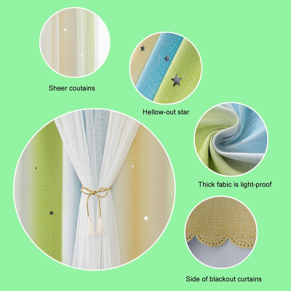 FANLI Ombre Rainbow Blackout Curtains for Kid Girls Bedroom Living Room Darking Stripe Double Layer Star Cut Out Wall Home Decor Gradient Grommet Window Curtains （Blue Green 52Wx72L）