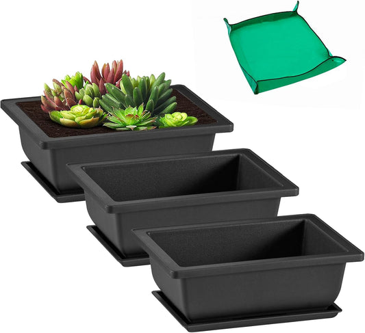 GROWNEER 3 Pcs 6.5 Inch Bonsai Pots with Drainage Humidity Trays & 1 Repotting Mat, Durable Bonsai Tree Training Pot Rectangle Planter Kit Seedling Starter Small Indoor Outdoor Growing Built in Mesh